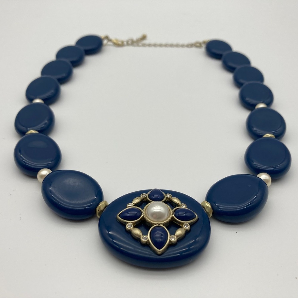 Vintage Avon Signed NRT Navy & Faux Pearl Regency Statement Necklace